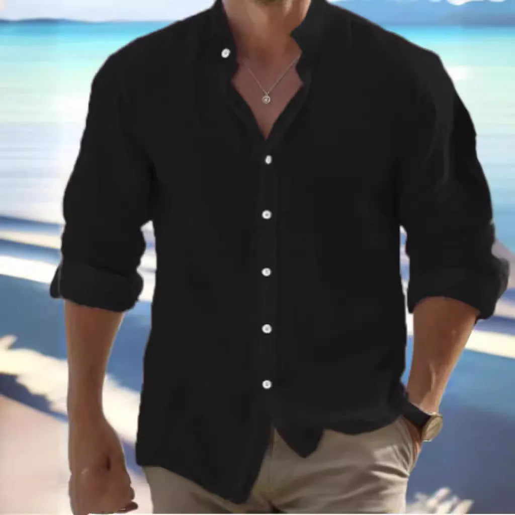 Men's light grey long-staple cotton pullover shirt on a hanger