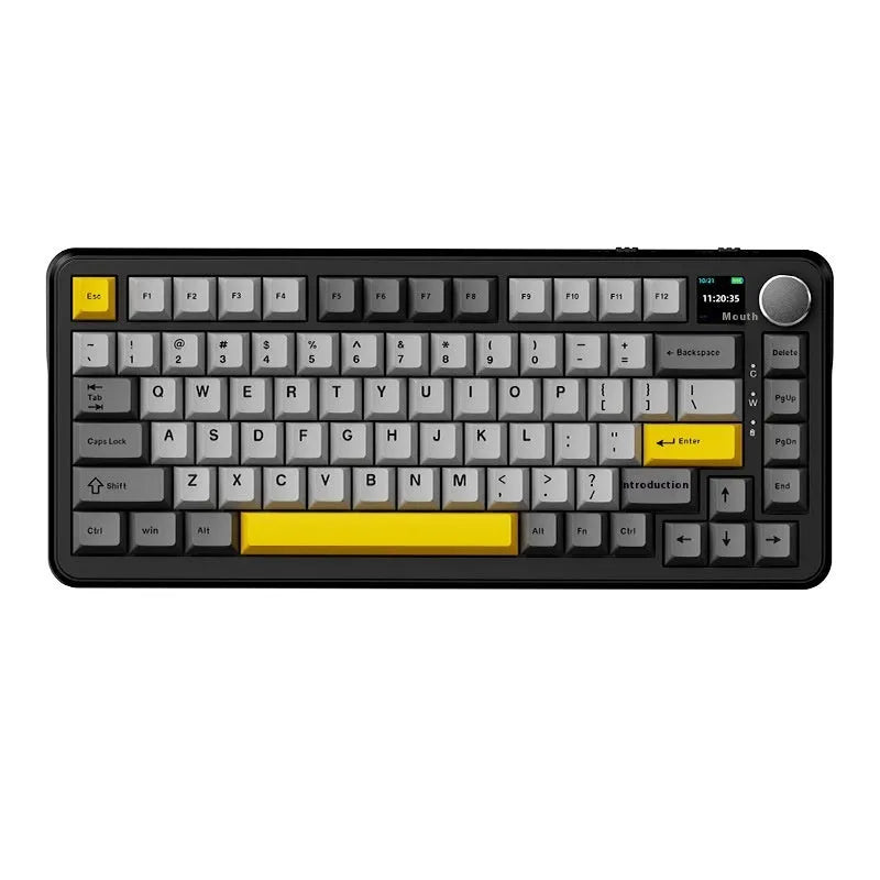Three-mode mechanical keyboard with hot-swappable switches in black, grey and yellow colour combination