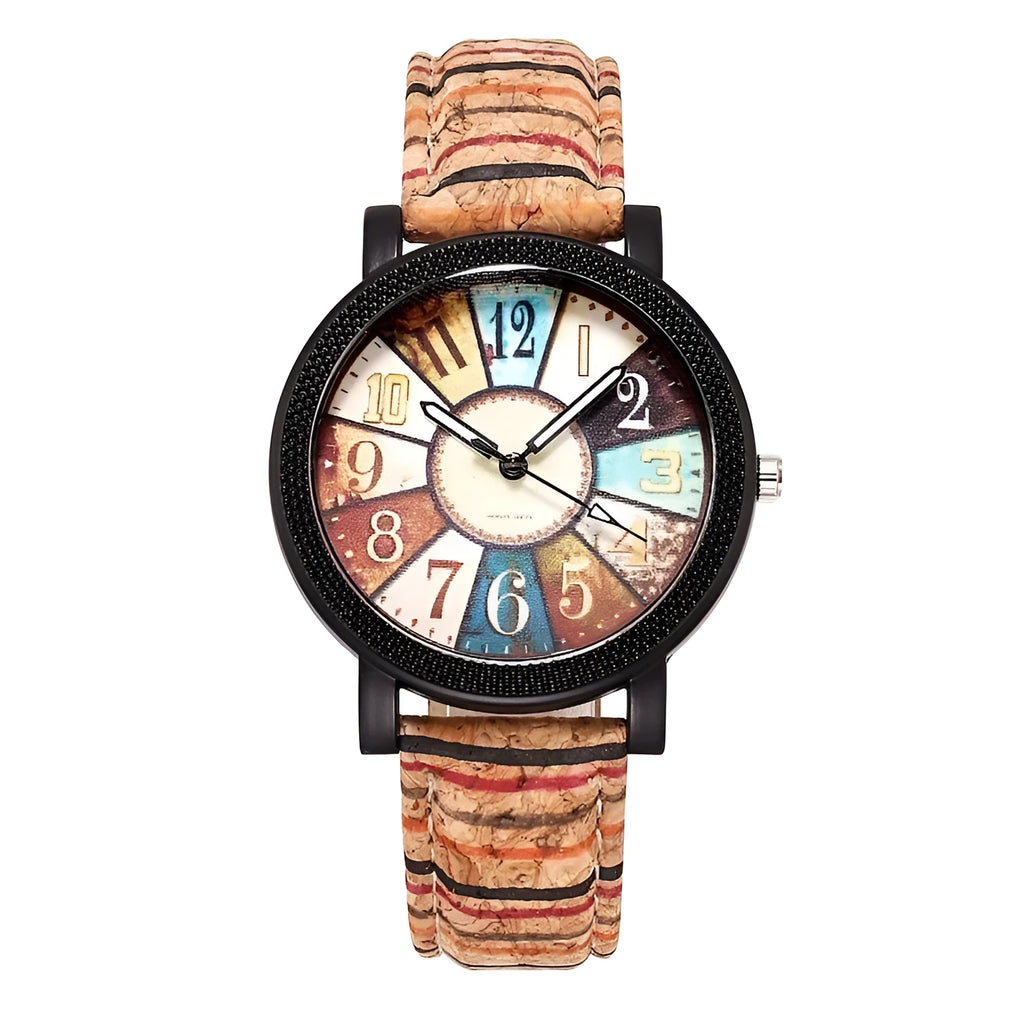 Women's vintage-style quartz watch with brown leather strap and 37mm round dial