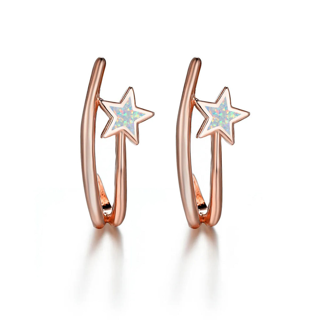 Blue opal earrings with geometric five-pointed star design in platinum blue copper electroplated finish