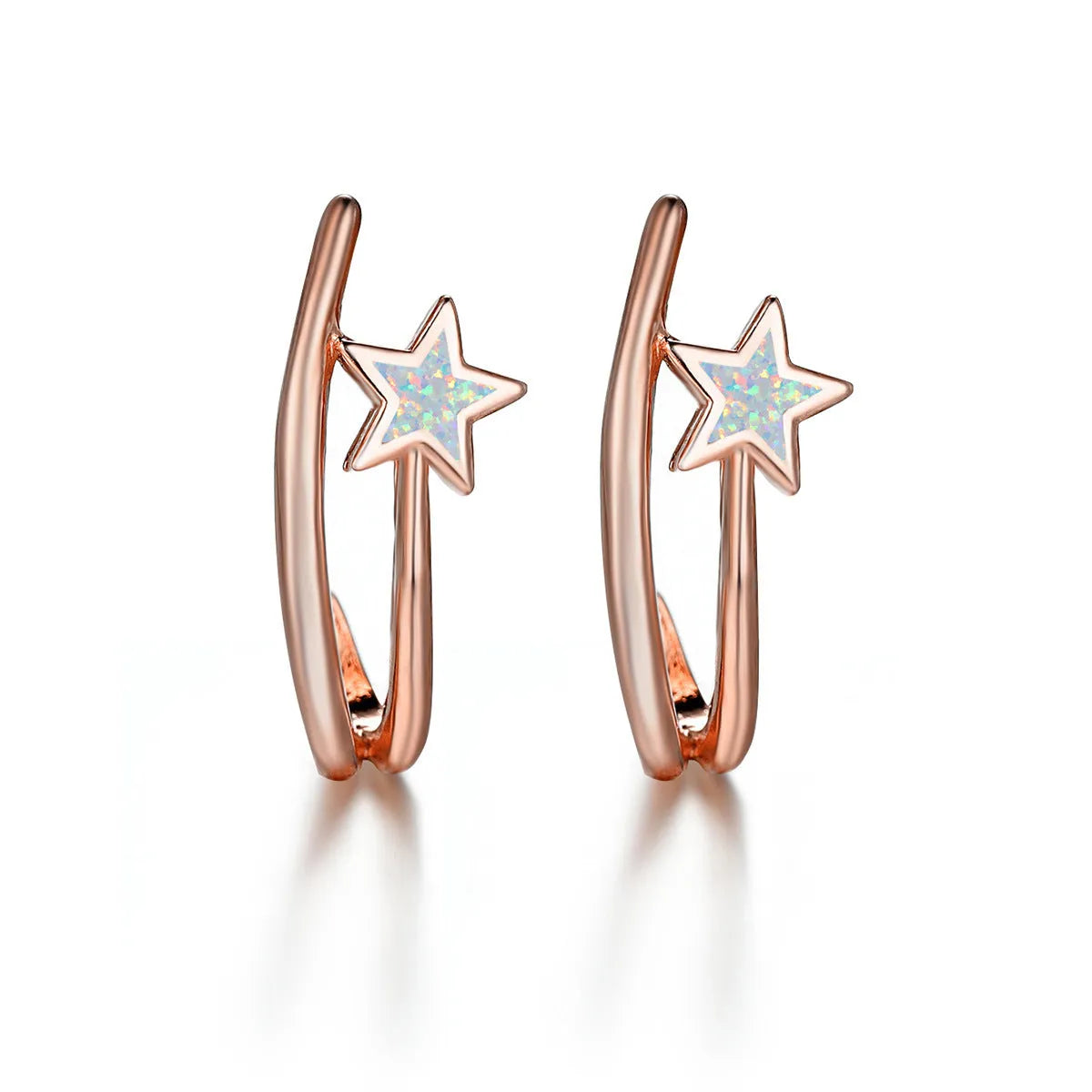 Blue opal earrings with geometric five-pointed star design in platinum blue copper electroplated finish