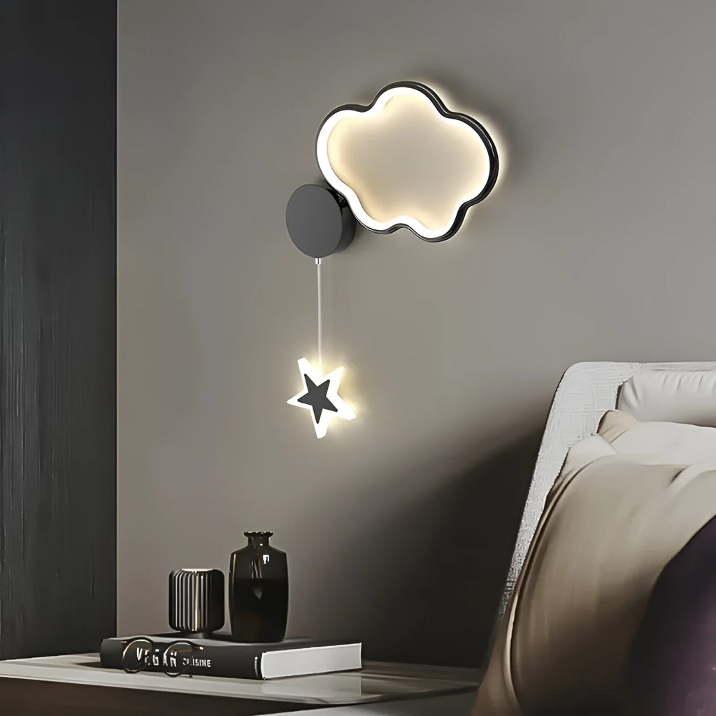 Five-pointed star shaped wall lamp with a cartoon cloud design, available in black or white.