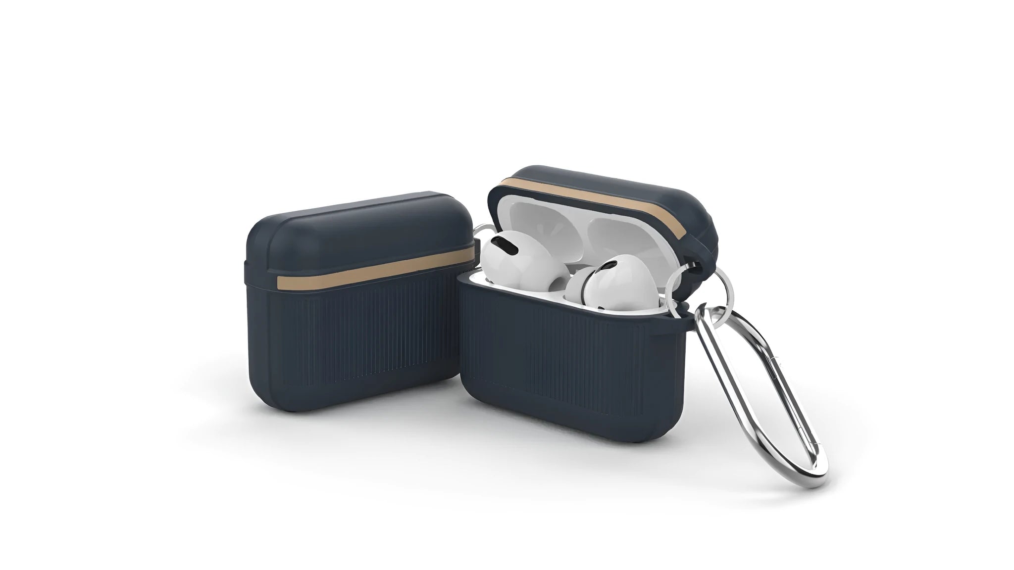 Silicone clamshell case for Apple AirPods with a metal buckle, shown in various colours.