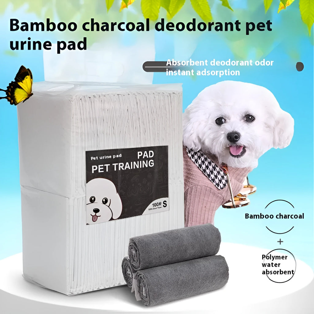 Pack of disposable pet urinal pads showing bamboo charcoal and standard models in S, M, L, XL sizes