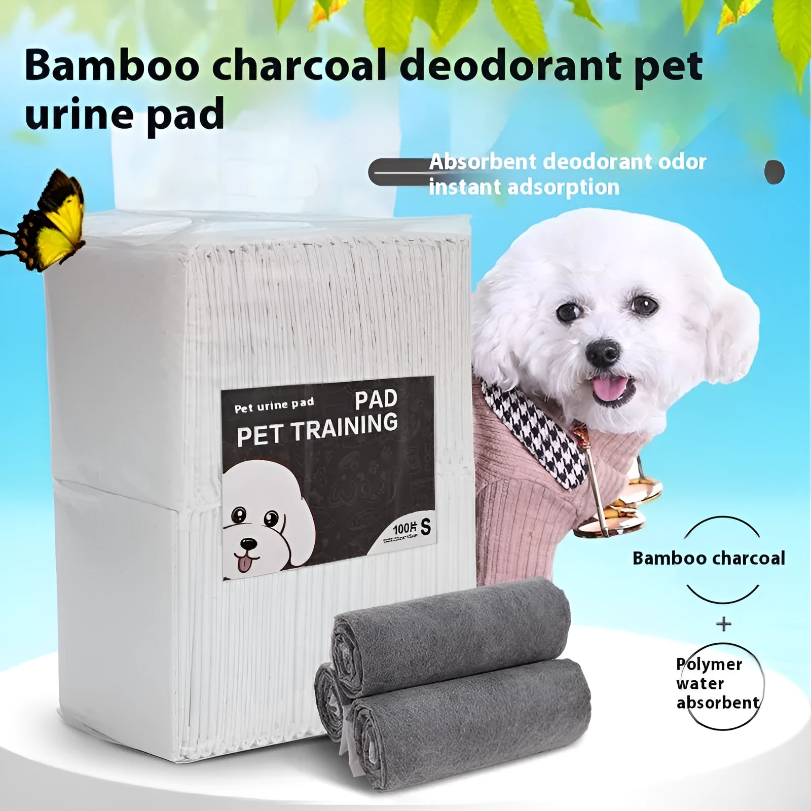 Pack of disposable pet urinal pads showing bamboo charcoal and standard models in S, M, L, XL sizes