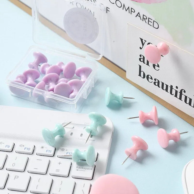 Box of plastic push pins in macaron colours - cherry blossom pink, mint green and lavender