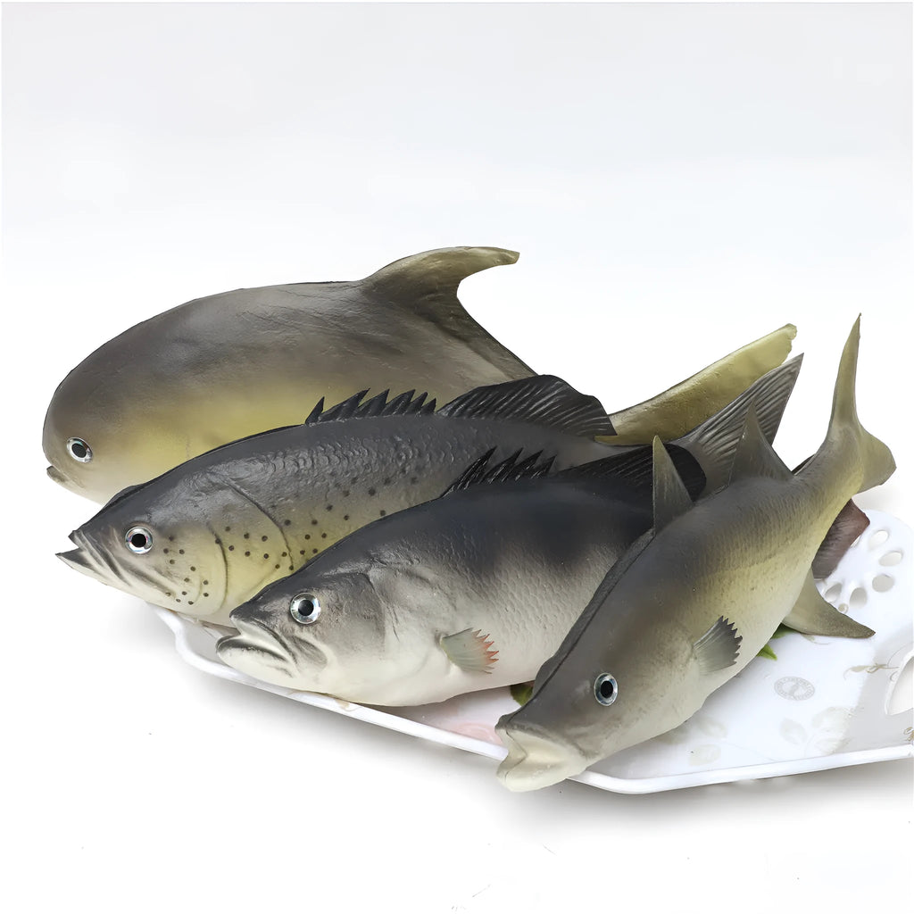 Three PU simulated fish ornaments including yellow-fin tuna and small tuna marine models