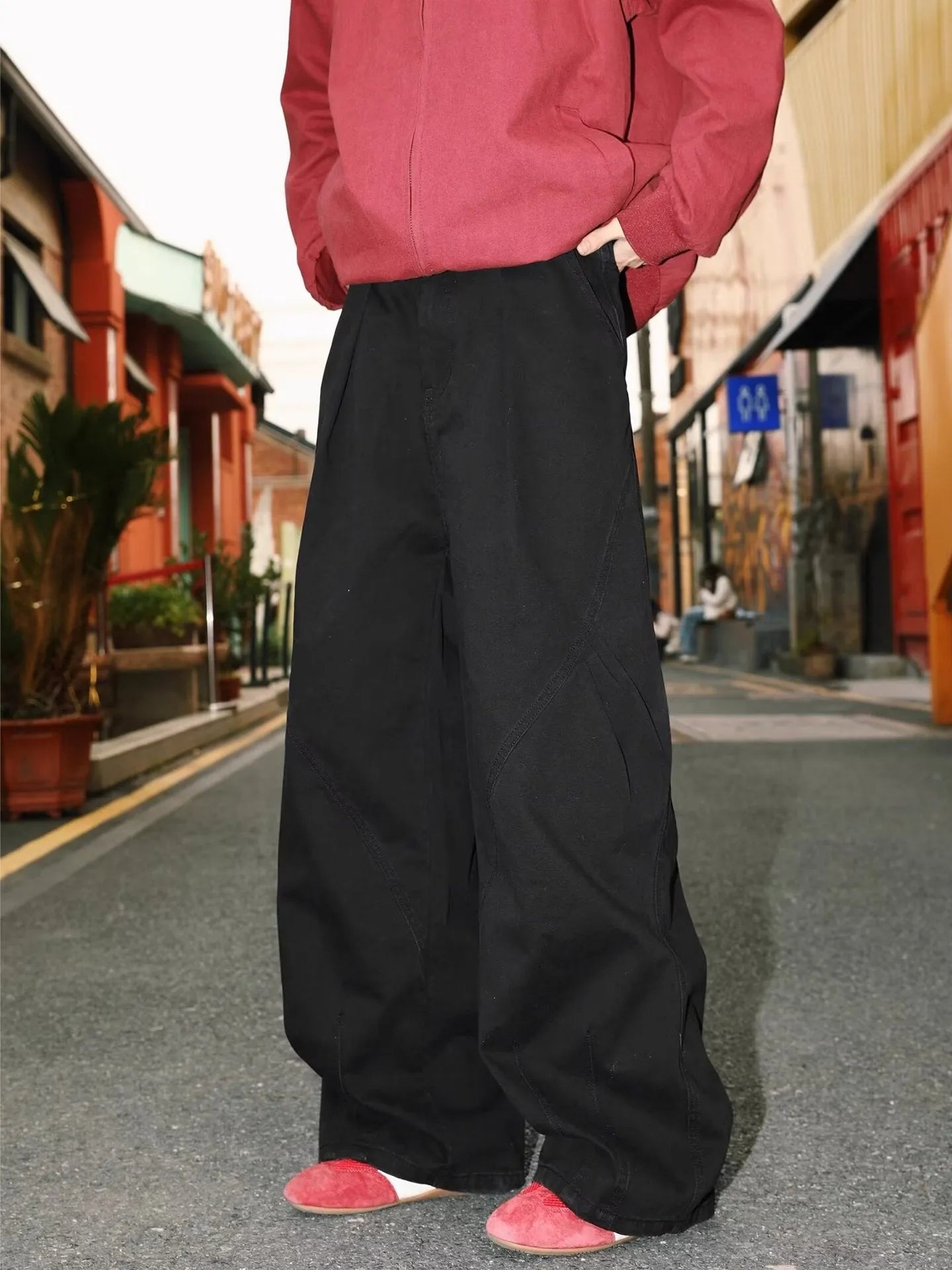 Men's pleated straight leg trousers in apricot colour with stripe pattern and loose fit design