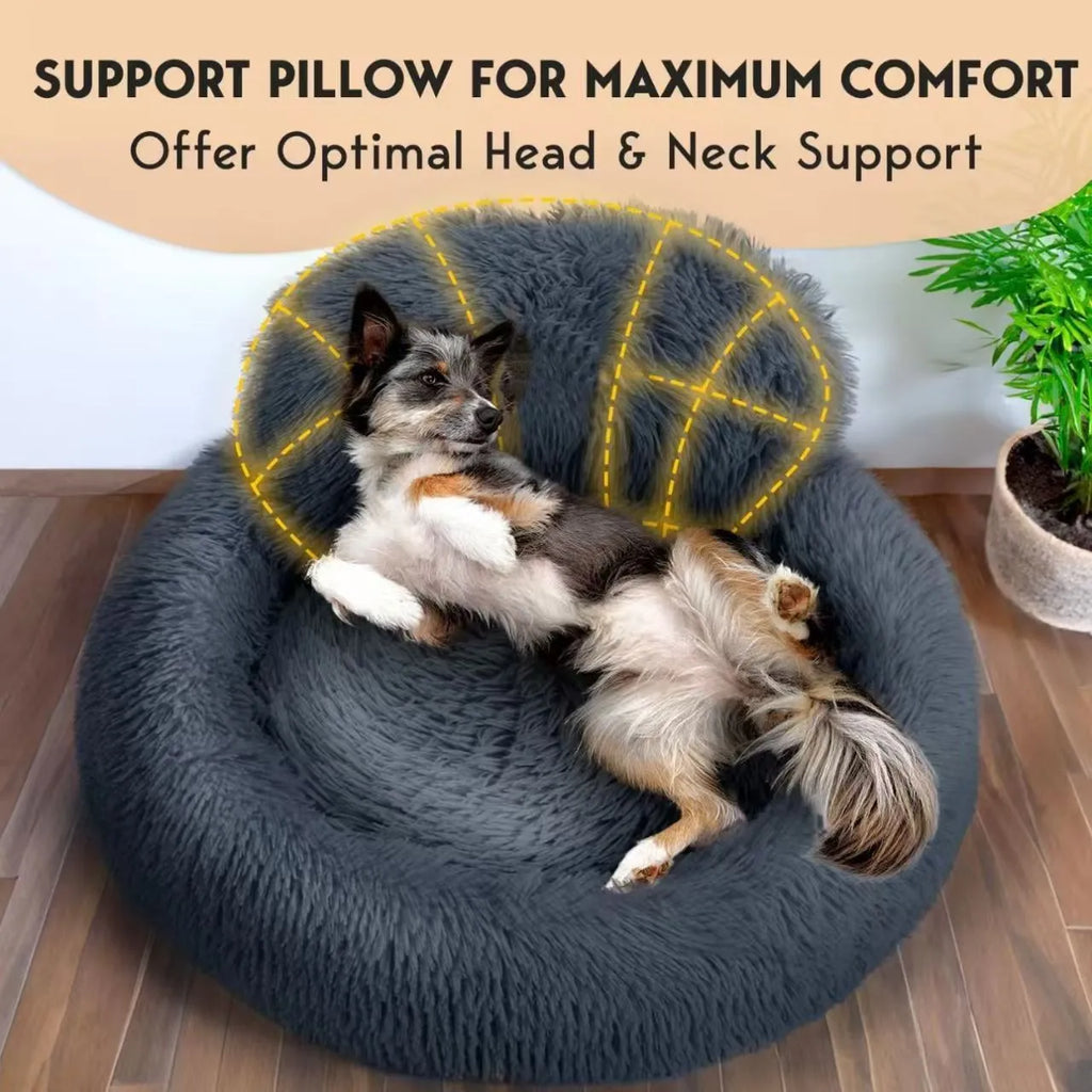 Round plush pet bed with raised backrest in khaki colour, 60cm diameter, suitable for small dogs and cats