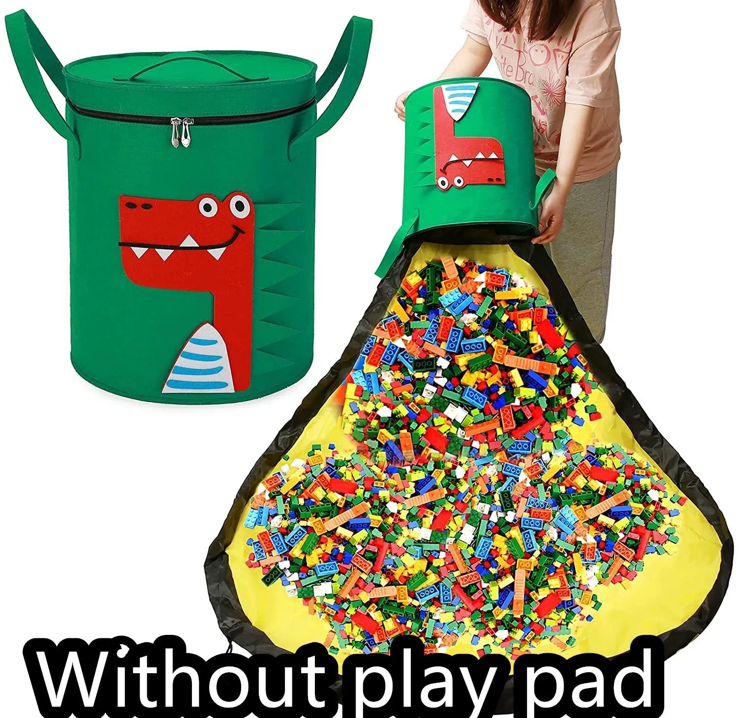Green felt cube storage bag with pull rope, shown as a toy organiser and play mat.