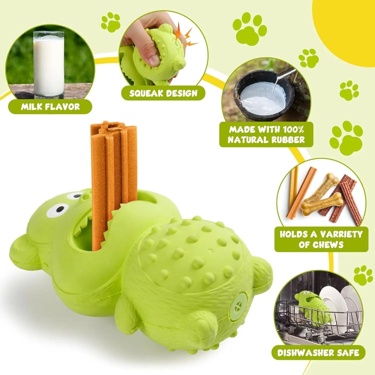 Green and yellow natural rubber squeaky dog chew toy for aggressive chewers.