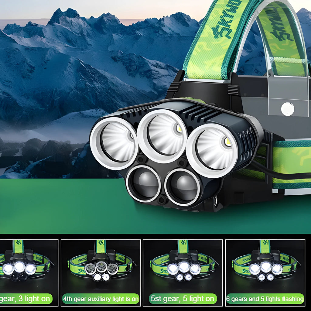 Yellow and black USB rechargeable head torch with 5 LED array and adjustable head strap.