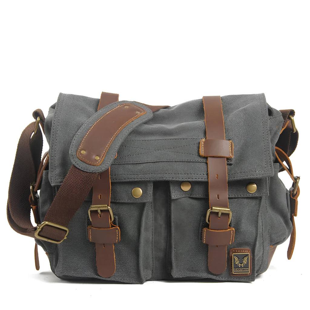 Men's canvas crossbody shoulder bag with cowhide trim in horizontal square shape