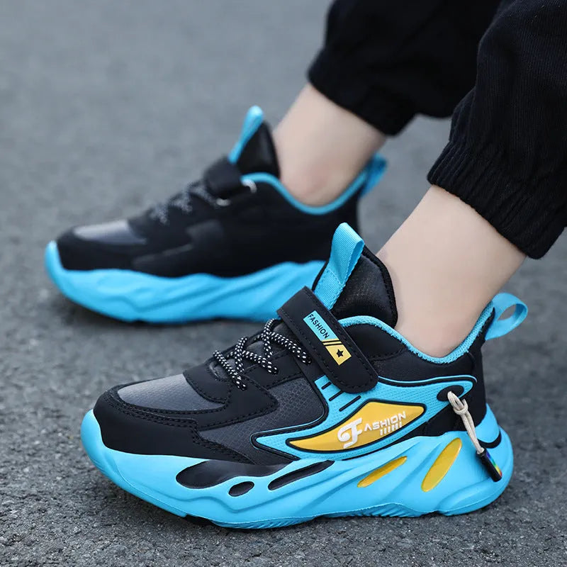 Boys' dark blue PU mesh sports running shoes with non-slip MD soles and Velcro fastening