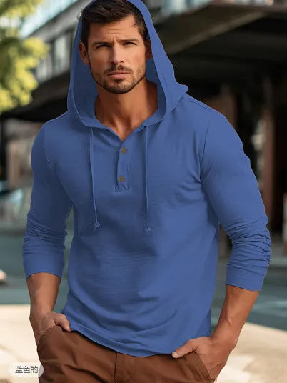 Men's dark blue cotton pullover hoodie with a hood and long sleeves on a hanger.