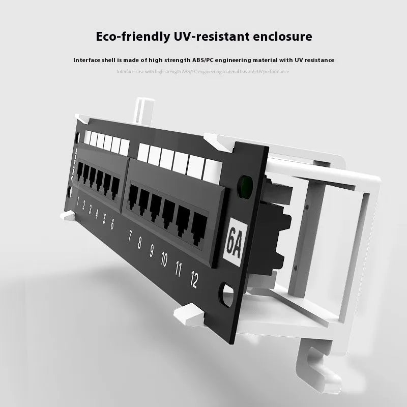 Black 12-port network distribution frame with cold rolled steel construction and included installation accessories