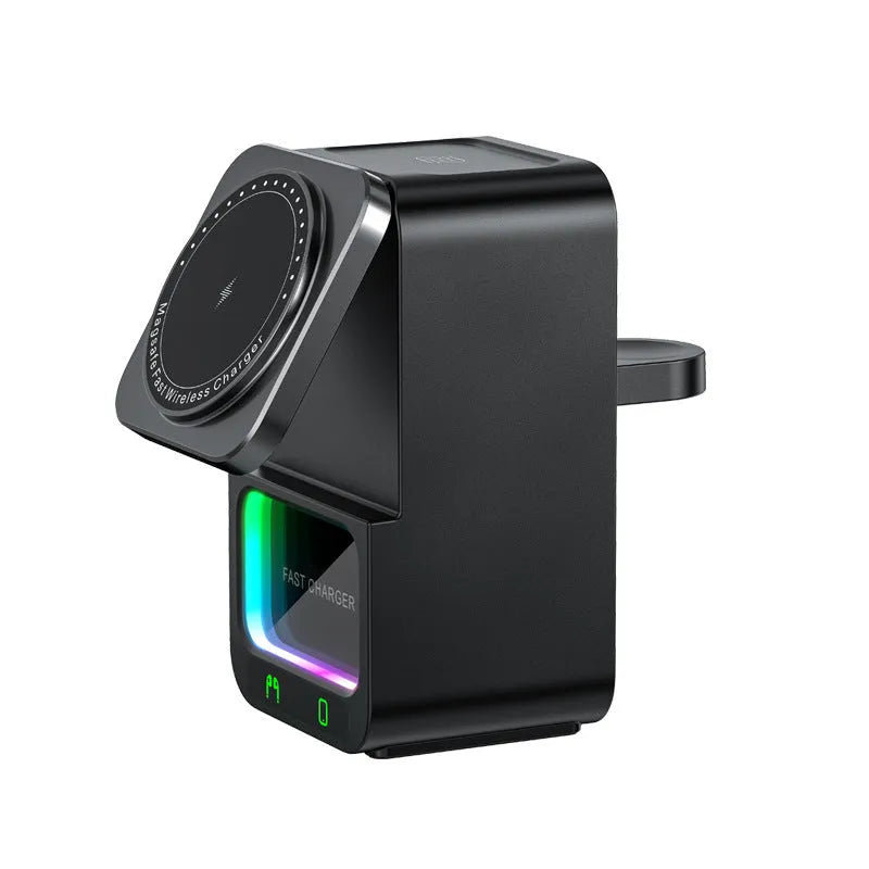 White and black Bluetooth speaker with wireless charging pad showing QC3.0 fast charge capability