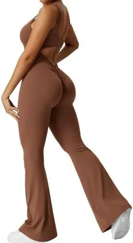 Women's sleeveless flare jumpsuit long pants in Army Green colour for yoga fitness.