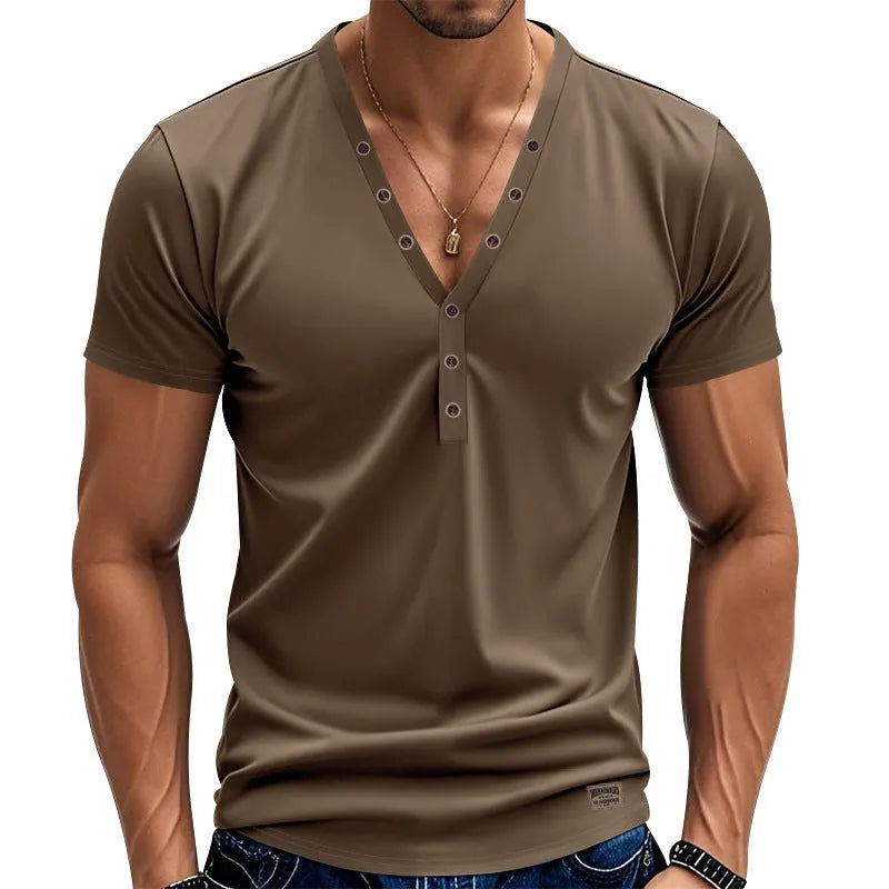 Men's loose fit V-neck button pullover in chemical fibre blend fabric available in multiple colours