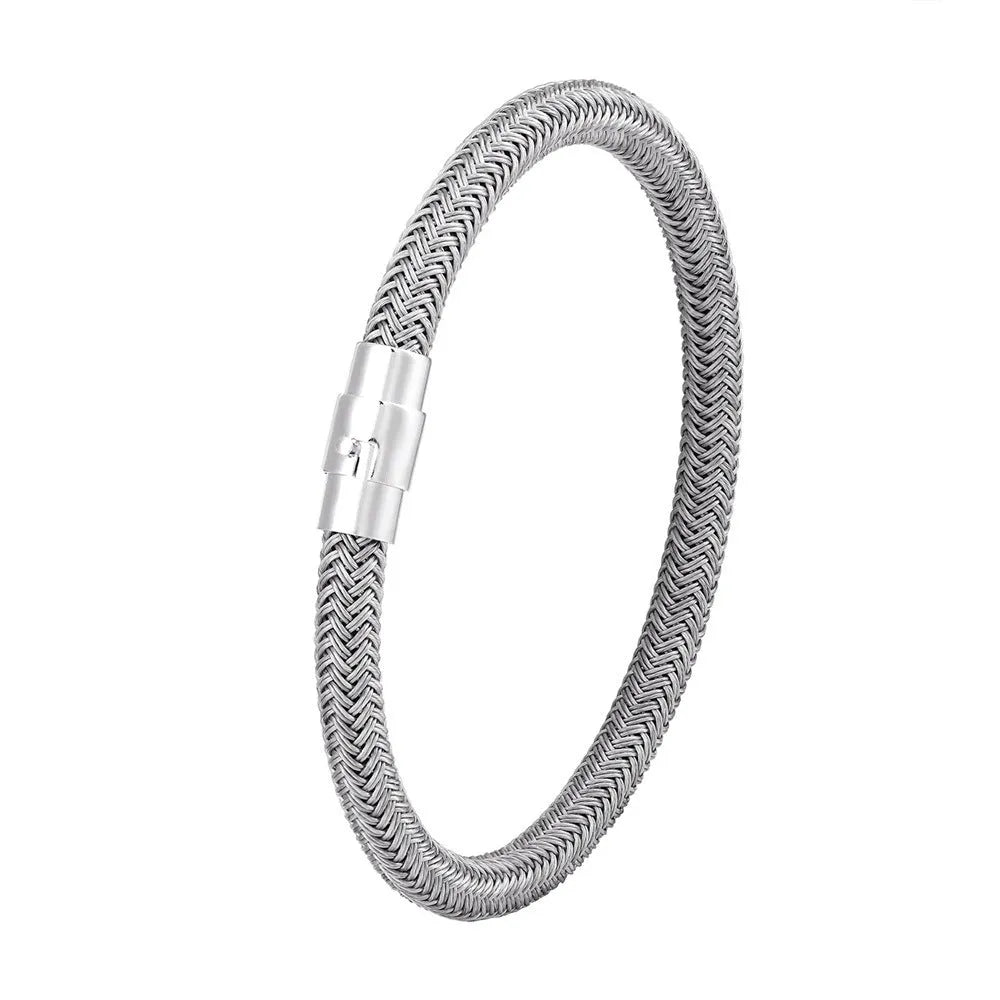 Titanium steel geometric wire bracelet with magnetic clasp shown in silver tone.