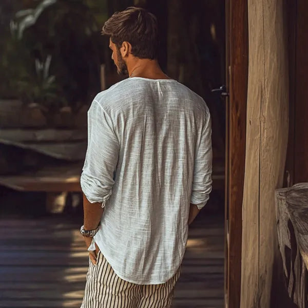Beige slim fit V-neck long-sleeved top made from hemp blend polyester fabric