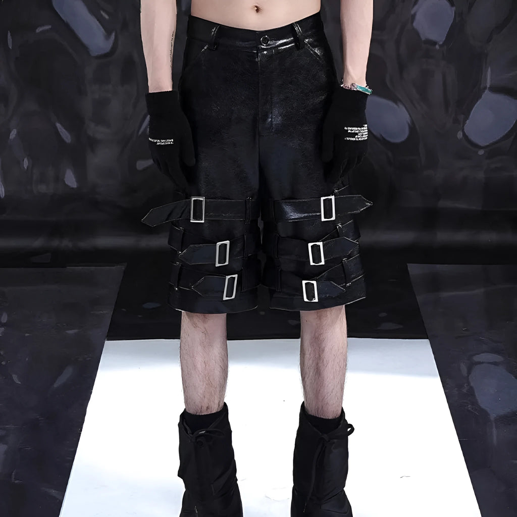 Black men's PU leather-look cropped shorts with a medium-low waist on a mannequin.