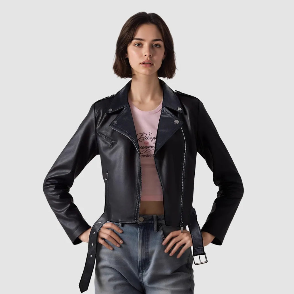 Women's black PU leather motorcycle jacket with lapel collar and a short waist belt.