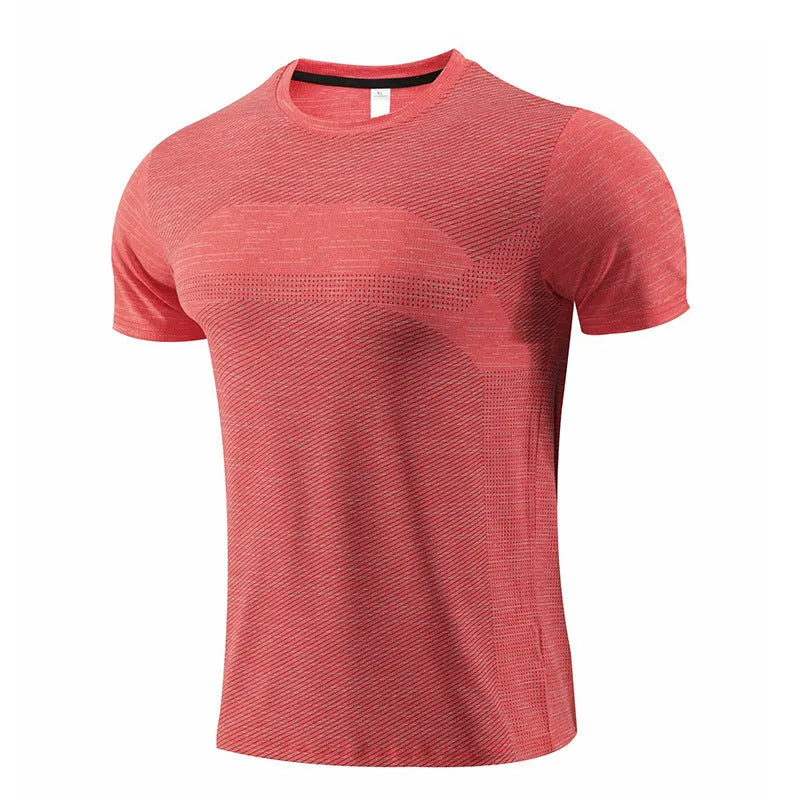 Red polyester spandex short sleeve running t-shirt laid flat