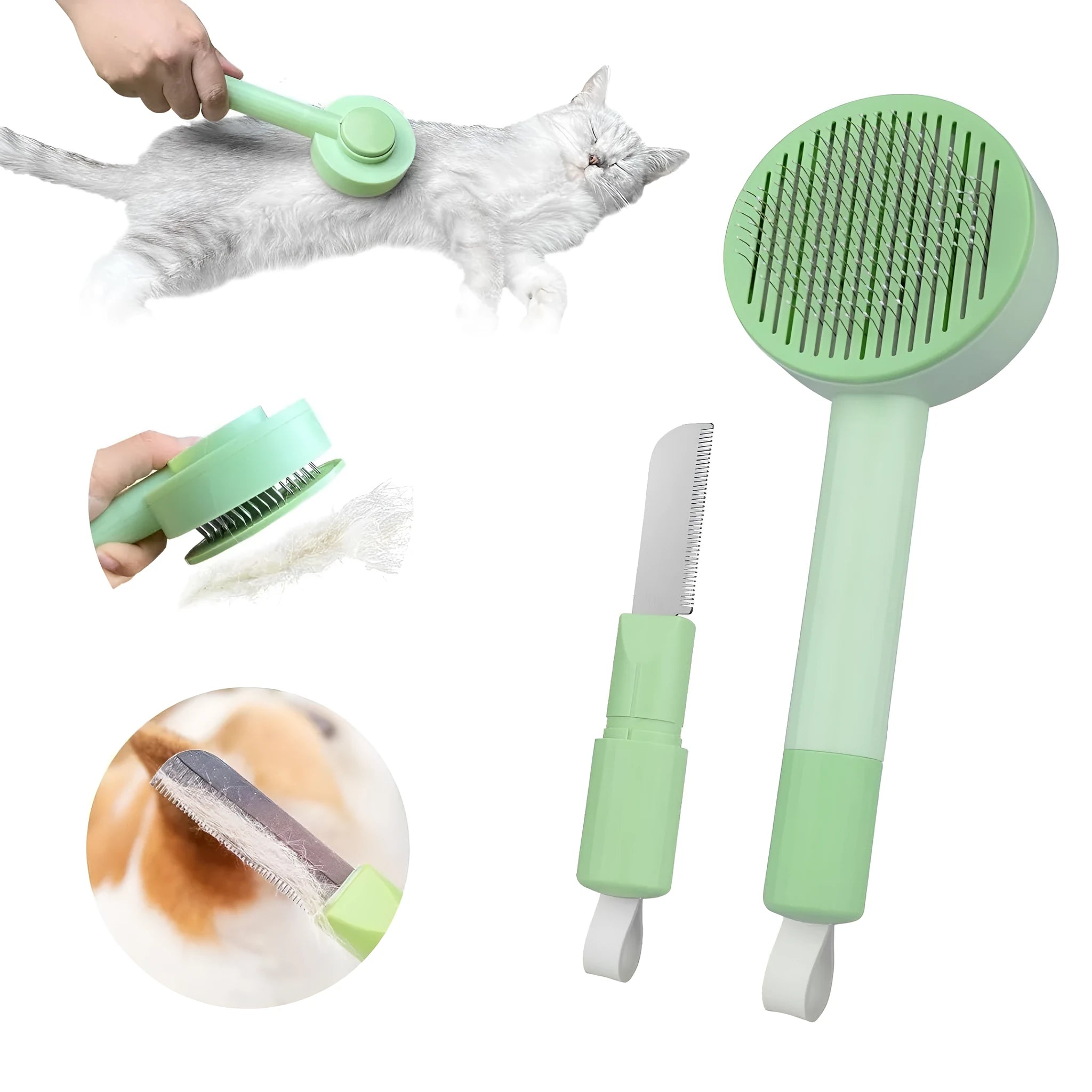 Green and yellow 2-in-1 pet grooming brush with curved teeth for long haired cats and shedding pets