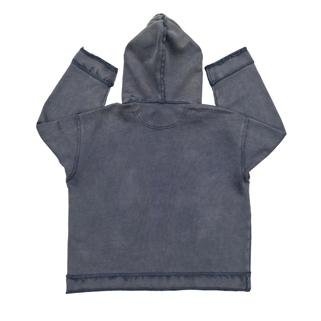 Dark blue men's hoodie sweater with a front kangaroo pocket and ribbed cuffs.