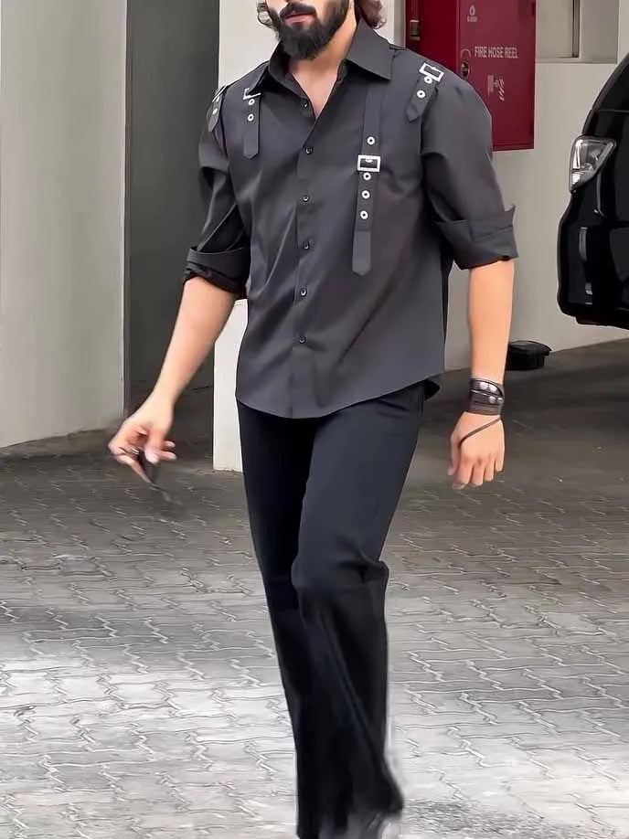 Men's black button-up long sleeve shirt with a regular fit, made from polyester.
