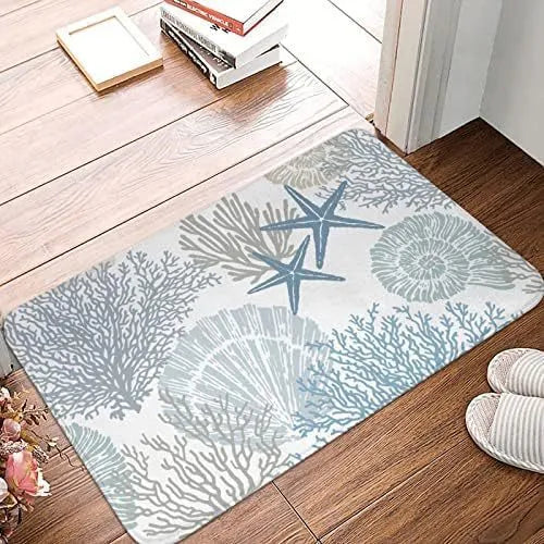 Square flannel floor mat in a coastal starfish print, available in multiple sizes.