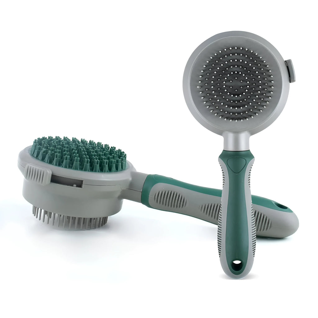 Green two-sided silicone pet brush with retractable slicker on one side and octopus-teethed massager on the other