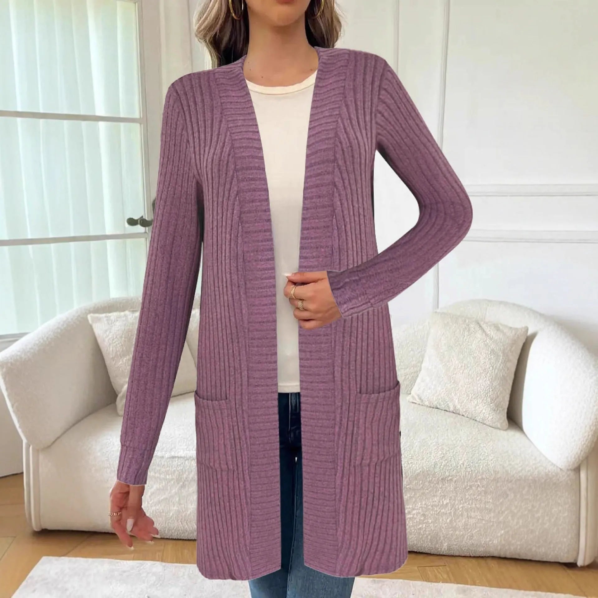 Long sleeve loose fit cardigan jacket with front pockets in polyester fabric
