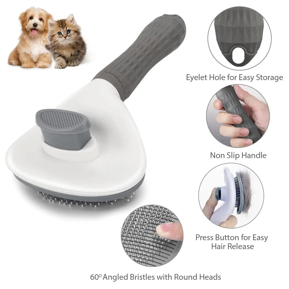 Cat grooming brush with release button in blue, grey, or pink with fine wire bristles