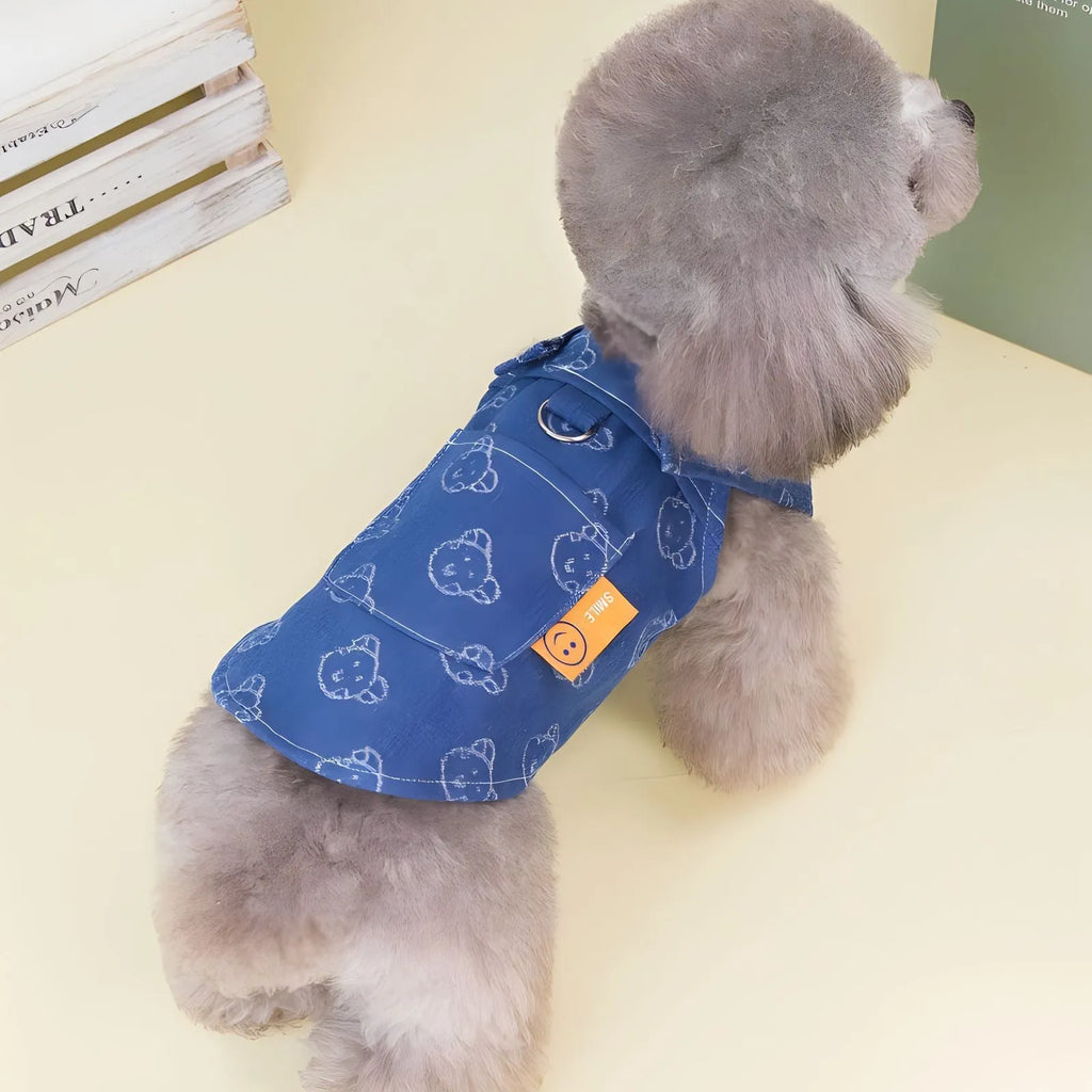 Teddy Bichon small dog wearing denim princess dress with bracket design for spring and autumn seasons