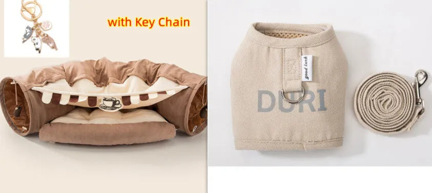 Collapsible cloth cat tunnel toy in choice of colours, shown folded and unfolded