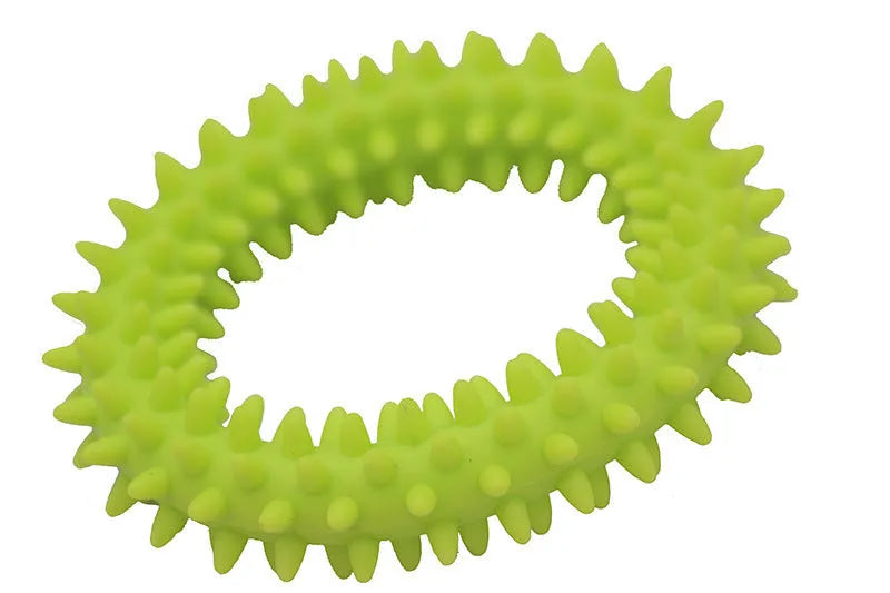 Blue TPR spiky circle dog chew toy for dental cleaning on a white background.