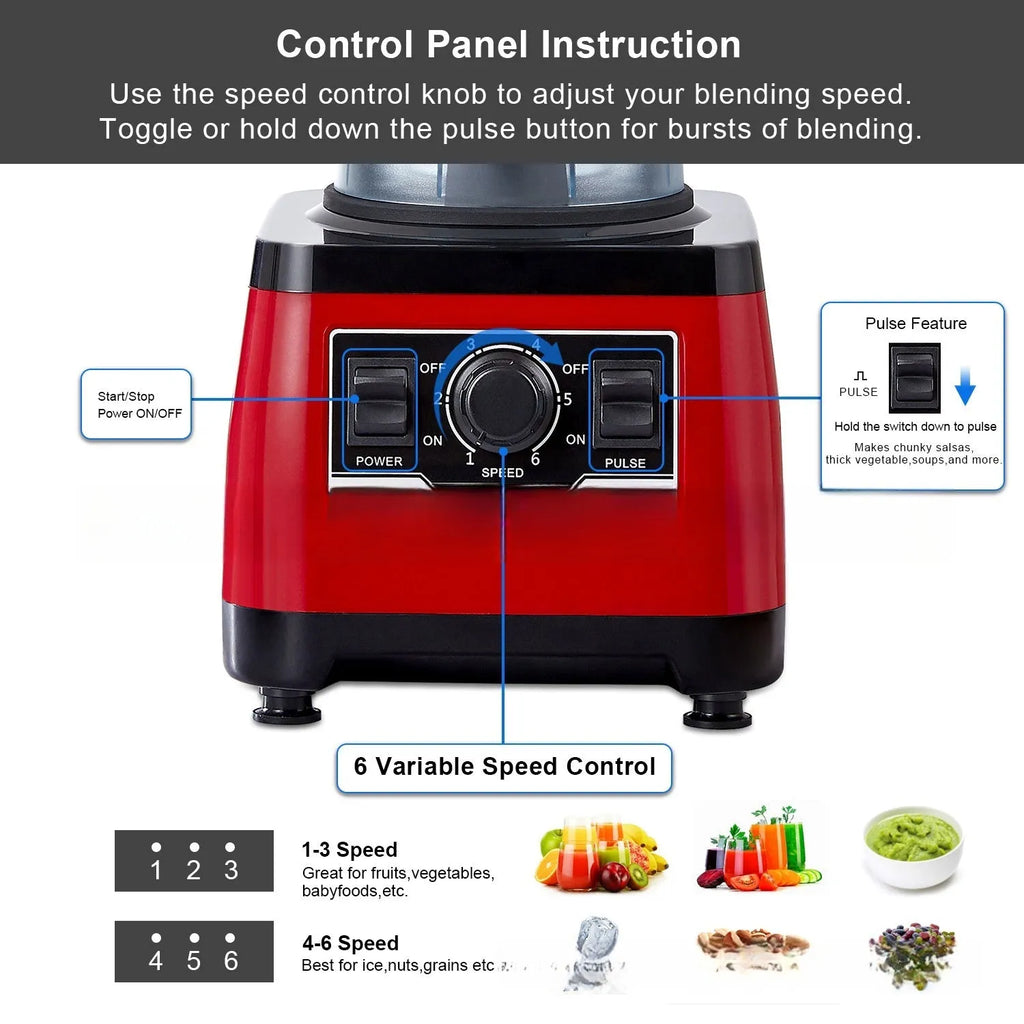 Red industrial-style commercial blender with 2200W motor and 2-litre jug.
