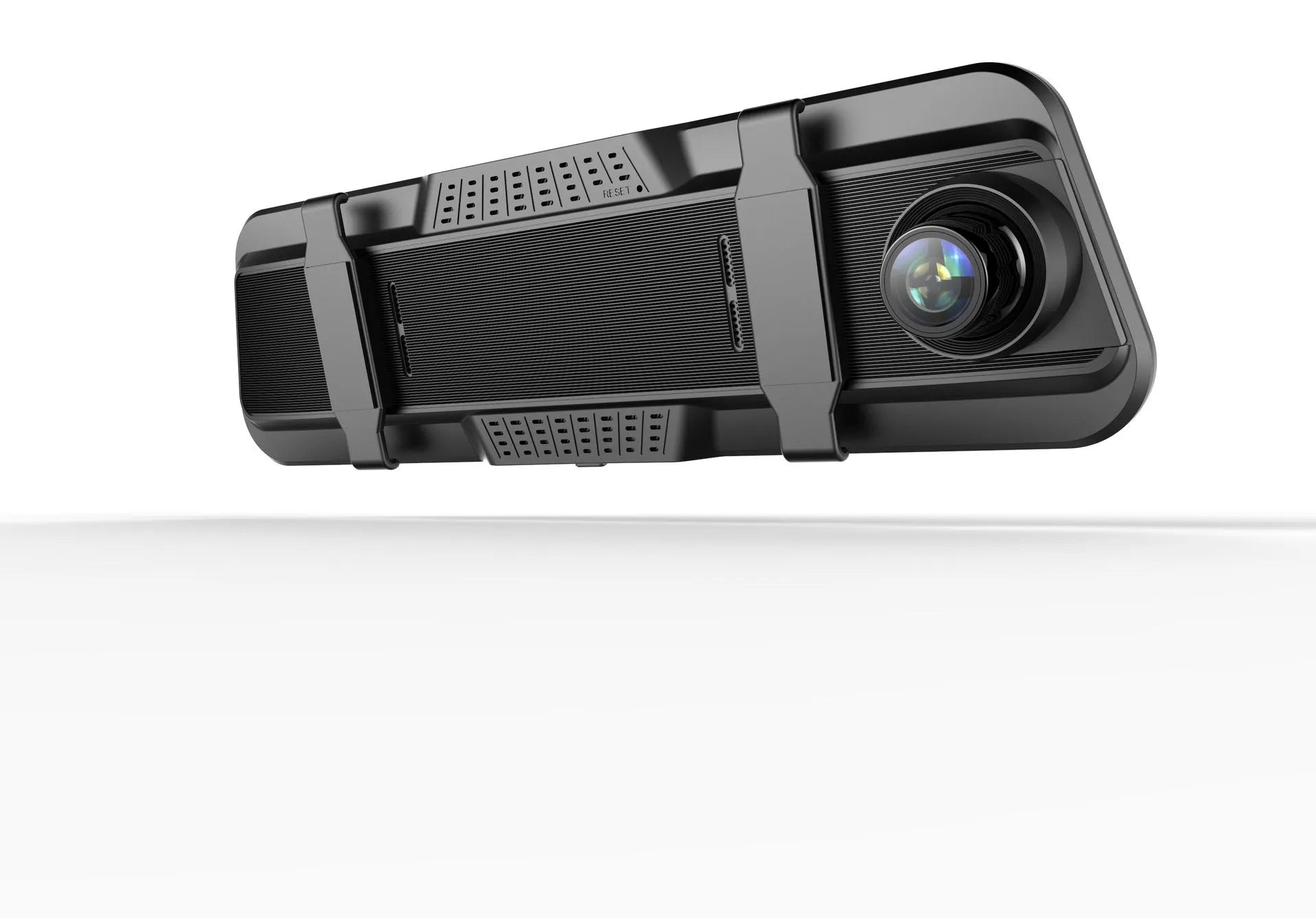 Dual-lens car dash cam with large touch screen mounted on rearview mirror.