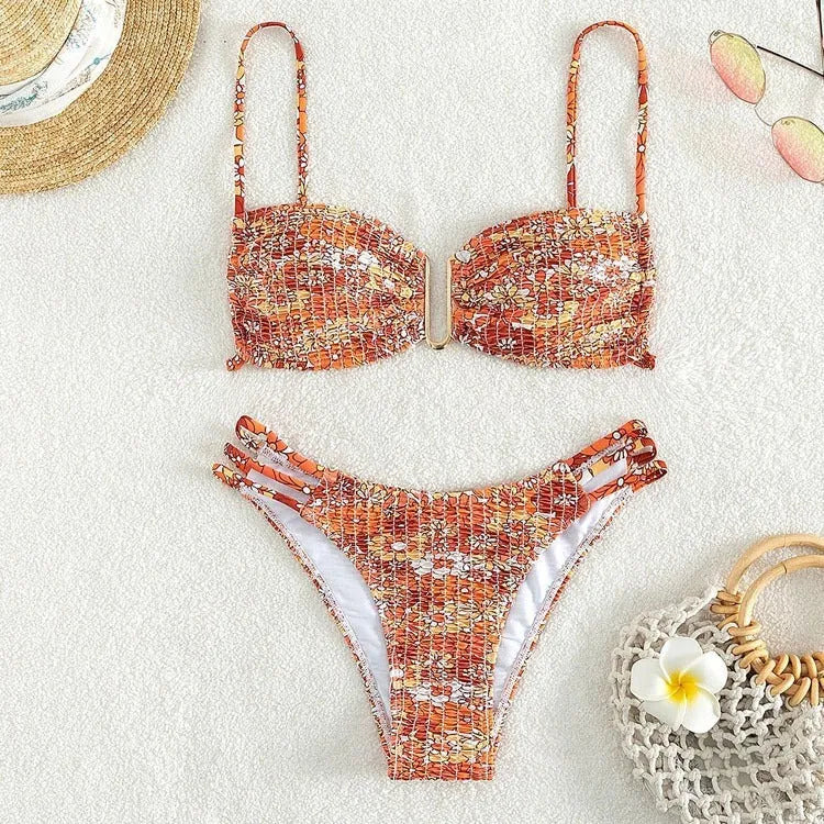 Women's high-waist floral bikini swimsuit in rose red with matching bra and briefs.