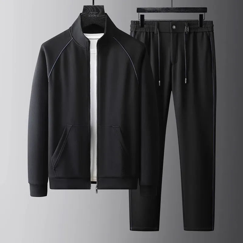 Slim fit stand collar casual sports jacket and trousers track suit in black colour