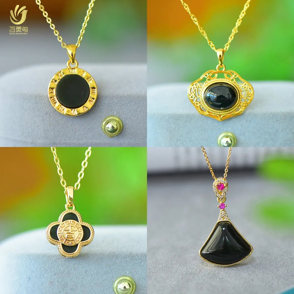 Flat minimalist pendant necklace made of ink blue Hetian grey jade with decorative copper inlay detail.
