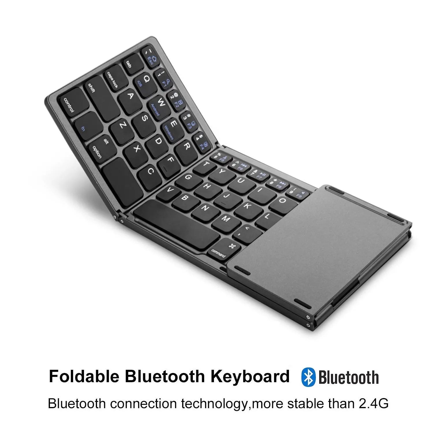 Tri-fold Bluetooth keyboard shown in black and silver colours with thin 0.8cm profile