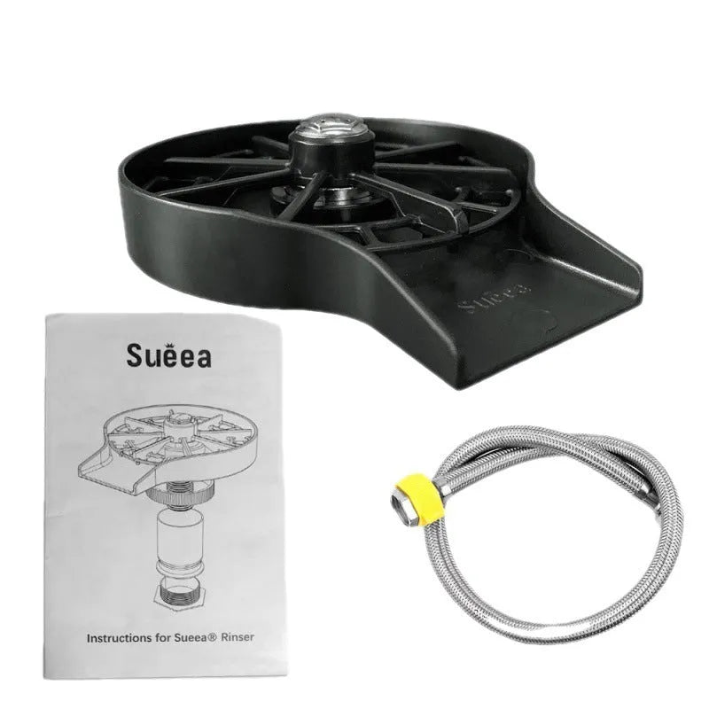 Black household bar cup washer 3-piece set with tee joint and braided hose on a kitchen counter