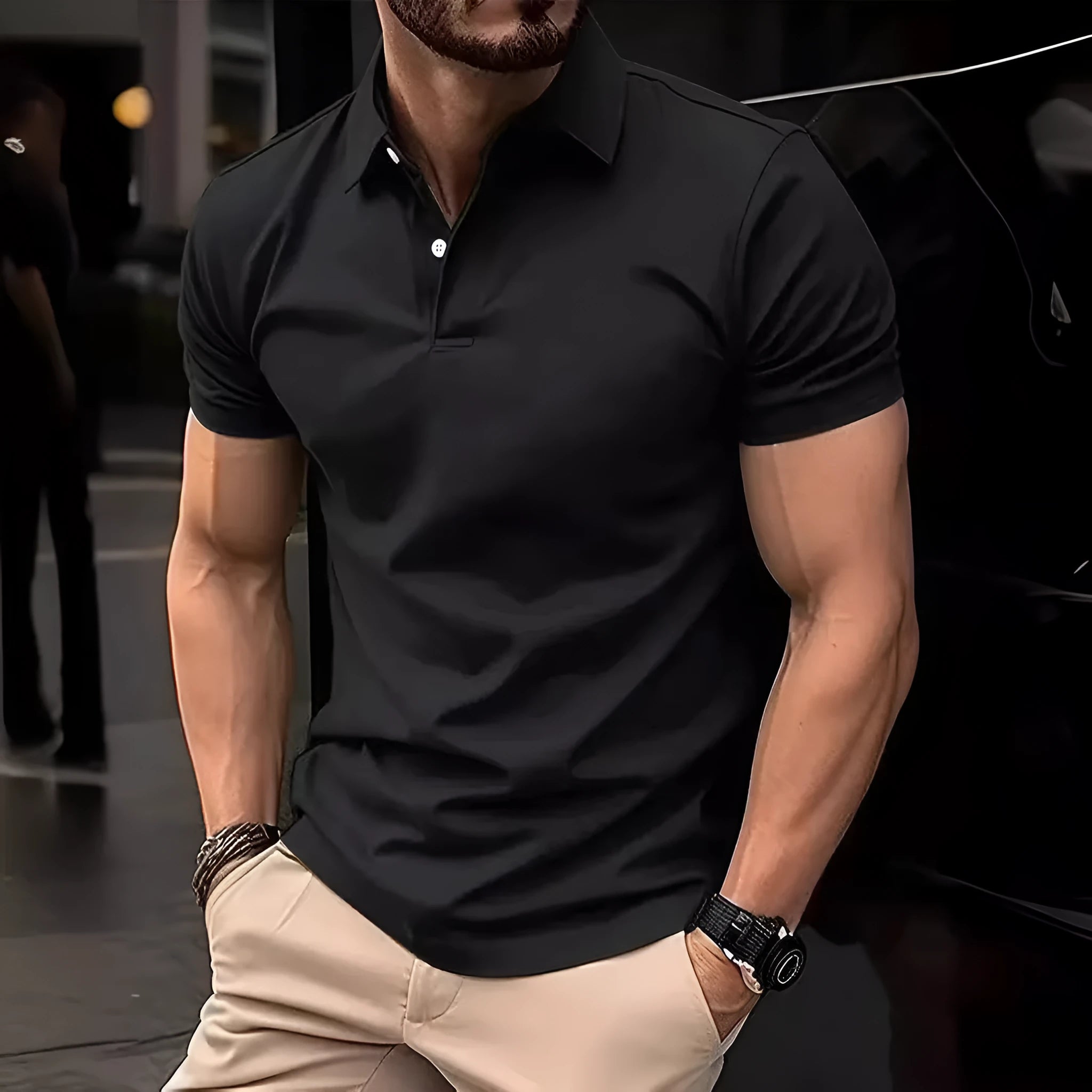 Men's slim fit short sleeve button shirt in solid colour on hanger
