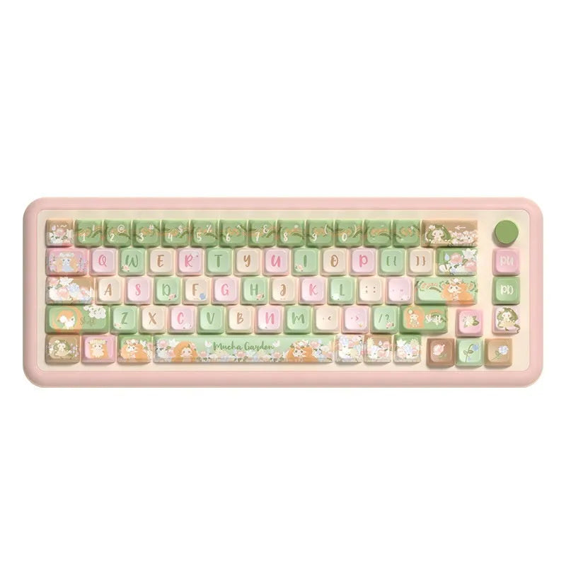 Sublimated summer garden floral design key cap set for mechanical keyboards, shown in 138-key and 158-key options.