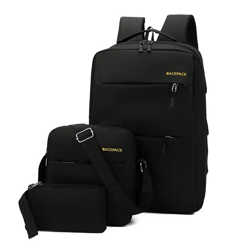 Three square nylon computer bags in black, grey, navy, or wine red, showing USB port and internal organiser pockets.