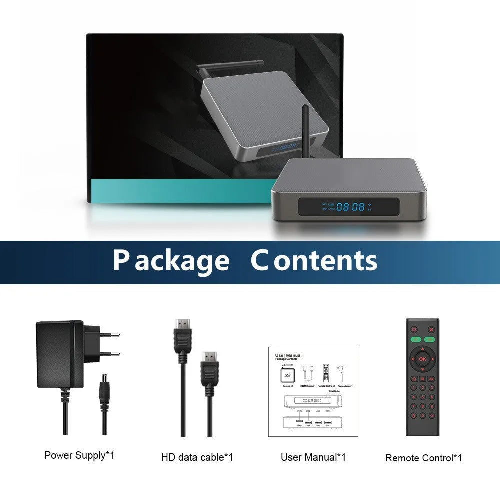 Black square Android 8K set-top box with RK3566 processor and remote control