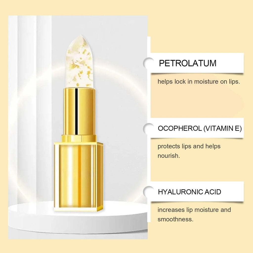 Golden case containing a 3.5g nourishing lipstick with hyaluronic acid and vitamin E.